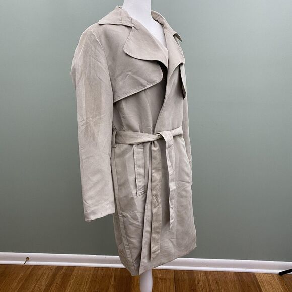 Banana Republic Trench Jacket Womens Large Beige Faux Suede Tie Belt Drape Front - Picture 2 of 11